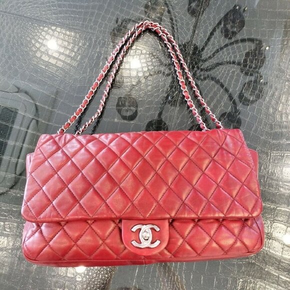 Authentic CHANEL Lambskin Quilted Large Jumbo Flap Bag Purse Coco Rain Red Tote - Picture 4 of 13